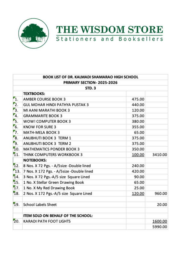 Dr. Kalmadi Shamarao High School Primary Section -Standard 3 2025-2026