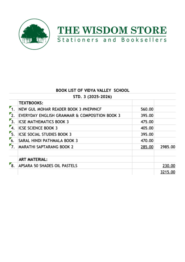 Vidya Valley School Standard 3 2025-2026