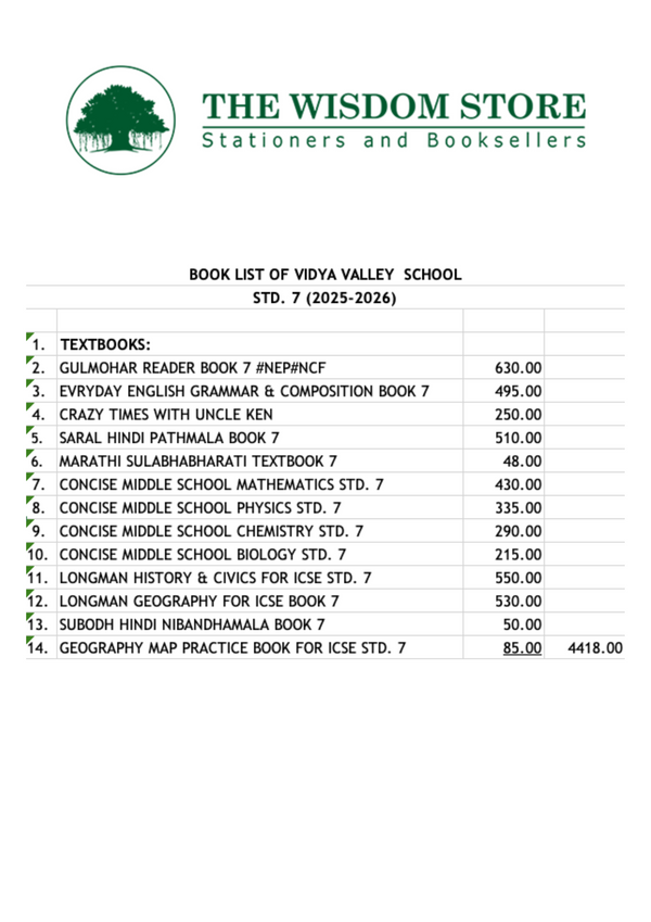 Vidya Valley School Standard 7 2025-2026